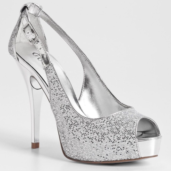 Guess Shoes - GUESS Silver Glitter Peep Toe Platform Heels